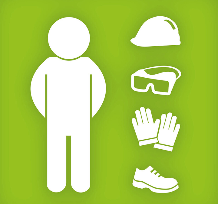 Graphic illustration of person and safety gear icons.