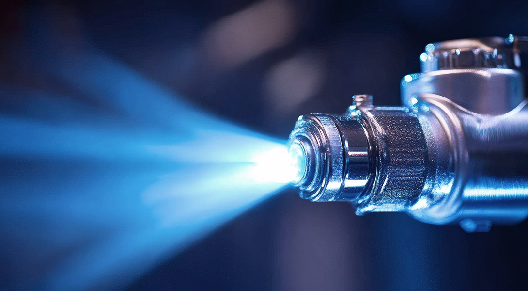 Close-up of a nozzle releasing a bright blue industrial gas flame.