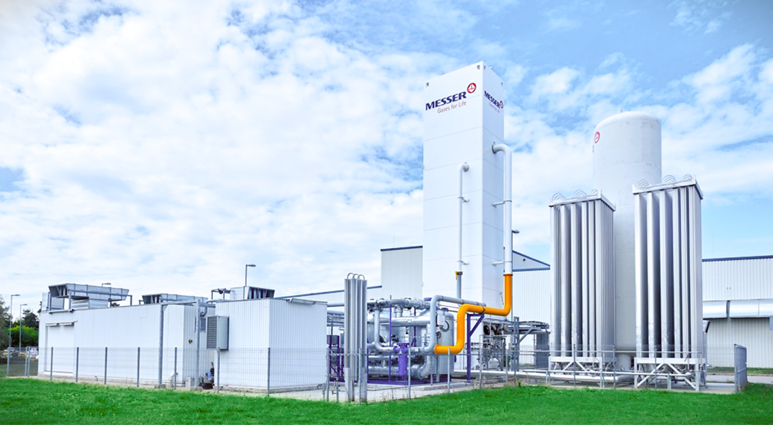 Messer gas production plant with tall processing towers, storage vessels and industrial piping.