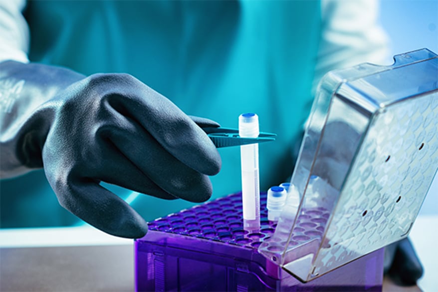 Technician preparing biological sample for deep freezing.